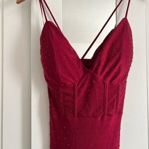 Red gemstone floor length windsor dress.